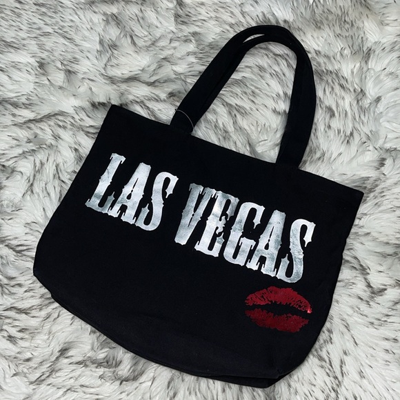 Las Vegas Kiss Foil Graphic Cotton Canvas Tote Bag Black - Picture 4 of 11